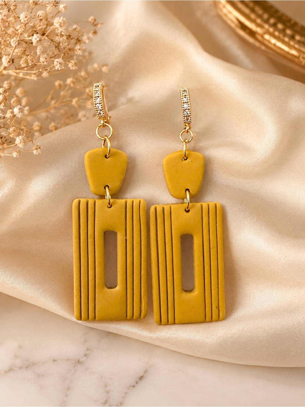 Mustard Geometric Drop Handmade Polymer Clay Earrings - Gold Accents